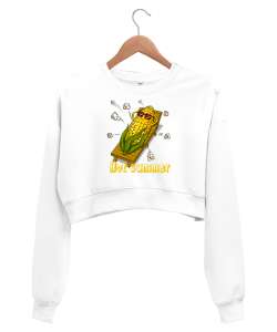 Hot Summer - Popcorn - Patlayan Mısır Beyaz Kadın Crop Sweatshirt