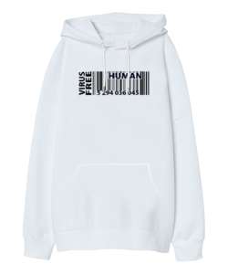 Human Barcode - Barkod Beyaz Oversize Unisex Kapüşonlu Sweatshirt