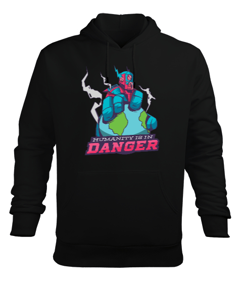 Humanity is in Danger Baskılı Siyah Erkek Kapüşonlu Hoodie Sweatshirt