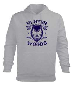 Hunter Wolf - Kurt Gri Erkek Kapüşonlu Hoodie Sweatshirt