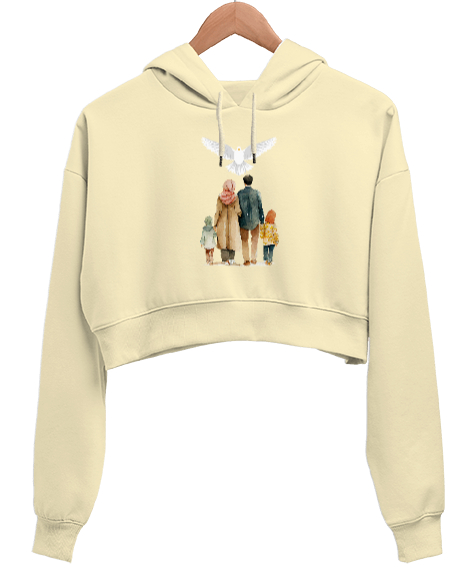 Tisho - huzurlu aile tablosu Krem Kadın Crop Hoodie Kapüşonlu Sweatshirt