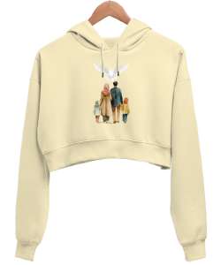 huzurlu aile tablosu Krem Kadın Crop Hoodie Kapüşonlu Sweatshirt