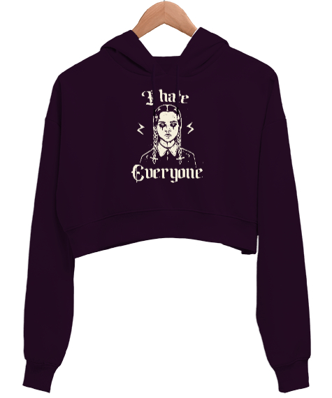 Tisho - I Hate - Herkesten Nefret Ediyorum Koyu Mor Kadın Crop Hoodie Kapüşonlu Sweatshirt