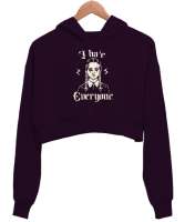 I Hate - Herkesten Nefret Ediyorum Koyu Mor Kadın Crop Hoodie Kapüşonlu Sweatshirt - Thumbnail