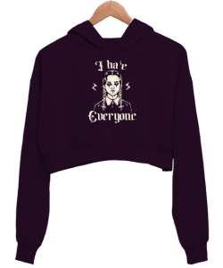 I Hate - Herkesten Nefret Ediyorum Koyu Mor Kadın Crop Hoodie Kapüşonlu Sweatshirt