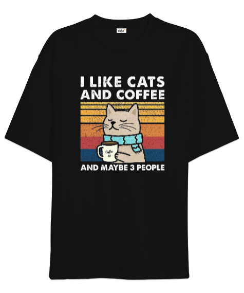 Tisho - I like Cats and Coffee Siyah Oversize Unisex Tişört