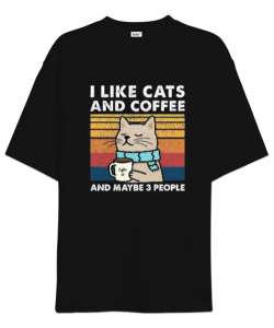 I like Cats and Coffee Siyah Oversize Unisex Tişört