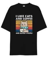 I like Cats and Coffee Siyah Oversize Unisex Tişört - Thumbnail