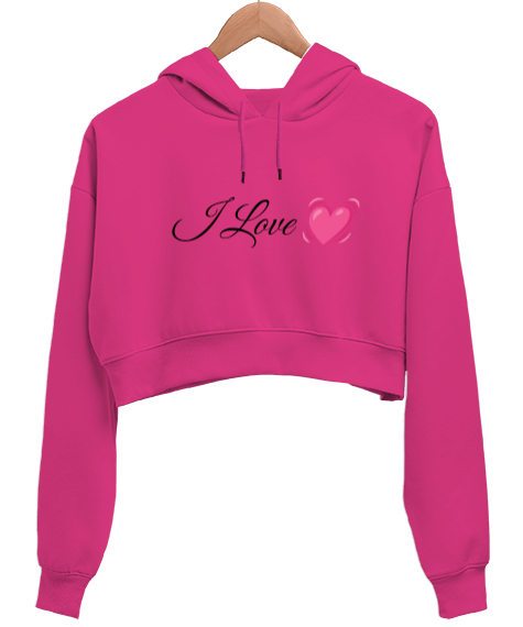 Tisho - I love Fuşya Kadın Crop Hoodie Kapüşonlu Sweatshirt