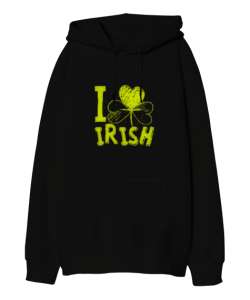 I Love Irish - Yonca Siyah Oversize Unisex Kapüşonlu Sweatshirt