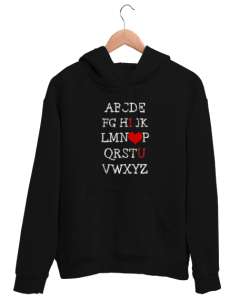 I love You - Alfabe -ABC Yazılı Siyah Unisex Kapşonlu Sweatshirt