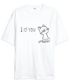 ı love you kedi Oversize Unisex Tişört