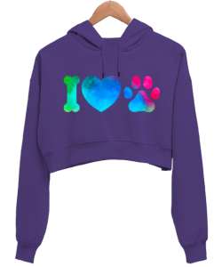 I Love you seni seviyorum Mor Kadın Crop Hoodie Kapüşonlu Sweatshirt