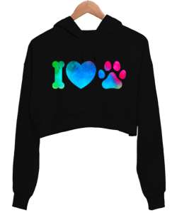 I Love you Siyah Kadın Crop Hoodie Kapüşonlu Sweatshirt