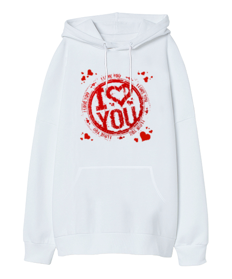 I Love You V2 Beyaz Oversize Unisex Kapüşonlu Sweatshirt