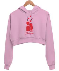 I Love You Yazılı Baskılı Pembe Kadın Crop Hoodie Kapüşonlu Sweatshirt