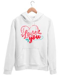 I Love You Yazılı Kalp Baskılı Beyaz Unisex Kapşonlu Sweatshirt