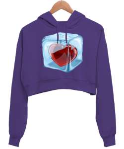 Ice Heart Mor Kadın Crop Hoodie Kapüşonlu Sweatshirt