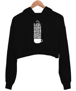 Ideas And Coffee Siyah Kadın Crop Hoodie Kapüşonlu Sweatshirt