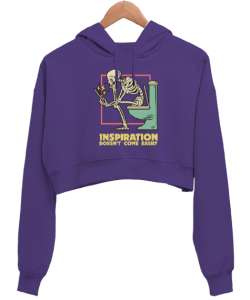 İlham Kolay Gelmiyor Mor Kadın Crop Hoodie Kapüşonlu Sweatshirt