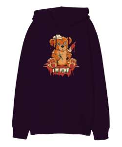 Im Fine - Ben İyiyim - Ayıcık Koyu Mor Oversize Unisex Kapüşonlu Sweatshirt