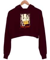 Im Fine - Woman- Ben İyiyim - Gözyaşı - Maske Bordo Kadın Crop Hoodie Kapüşonlu Sweatshirt - Thumbnail