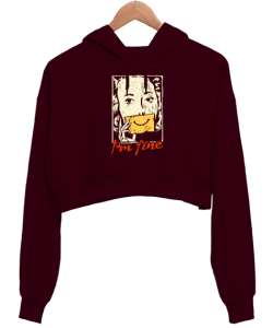 Im Fine - Woman- Ben İyiyim - Gözyaşı - Maske Bordo Kadın Crop Hoodie Kapüşonlu Sweatshirt