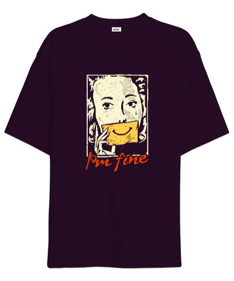 Tisho - Im Fine - Woman- Ben İyiyim - Gözyaşı - Maske Koyu Mor Oversize Unisex Tişört