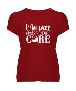 Im Lazy I Dont Care - Umrumda Değil Kırmızı Kadın V Yaka Tişört