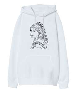 İnci Küpeli Kız Çizim Beyaz Oversize Unisex Kapüşonlu Sweatshirt