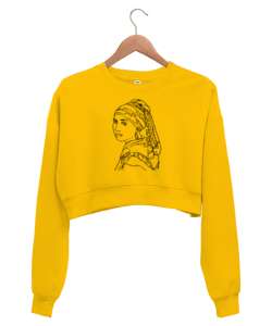 İnci Küpeli Kız Çizim Sarı Kadın Crop Sweatshirt