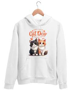 INTERNATIONAL CAT DAY Beyaz Unisex Kapşonlu Sweatshirt