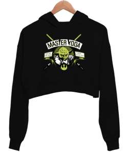 Işınkılıcı Master Yoda Tasarımı Baskılı Siyah Kadın Crop Hoodie Kapüşonlu Sweatshirt