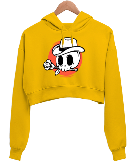 Tisho - İskelelet Sarı Kadın Crop Hoodie Kapüşonlu Sweatshirt