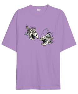 İskelet Balıklar - Skeleton Fish Lila Oversize Unisex Tişört