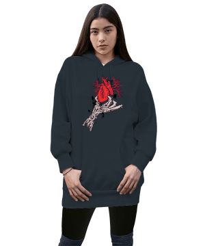 İskelet El ve Kalp Kadın Uzun Hoodie Kapüşonlu Sweatshirt