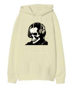 İskelet kafa Krem Oversize Unisex Kapüşonlu Sweatshirt