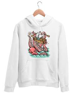 İskelet ve Ahtapot - Denizler Savaşı Beyaz Unisex Kapşonlu Sweatshirt