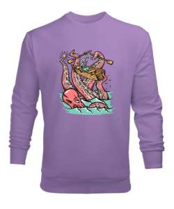 İskelet ve Ahtapot - Denizler Savaşı Lila Erkek Sweatshirt