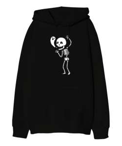 İskelet ve Hayalet - Skeleton and Ghost Siyah Oversize Unisex Kapüşonlu Sweatshirt