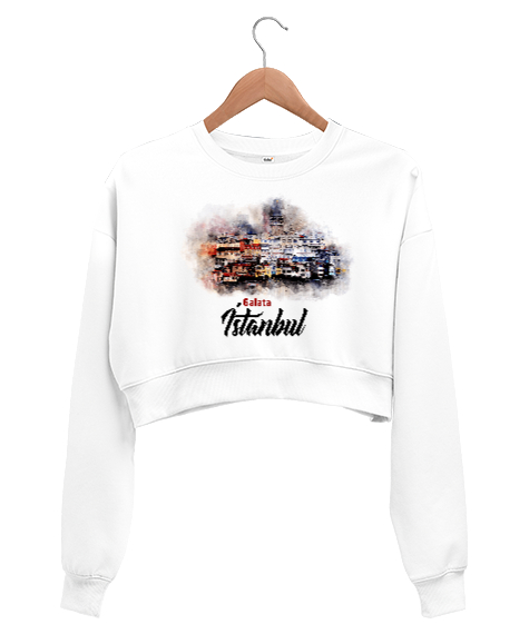 İstanbul Galata Kulesi Beyaz Kadın Crop Sweatshirt