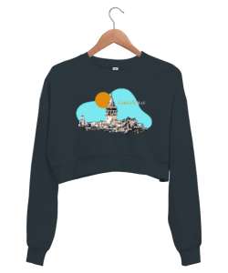 İstanbul Galata Kulesi Silüet Füme Kadın Crop Sweatshirt