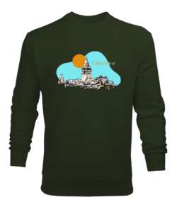 İstanbul Galata Kulesi Silüet Haki Yeşili Erkek Sweatshirt