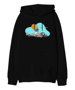 İstanbul Galata Kulesi Silüet Siyah Oversize Unisex Kapüşonlu Sweatshirt