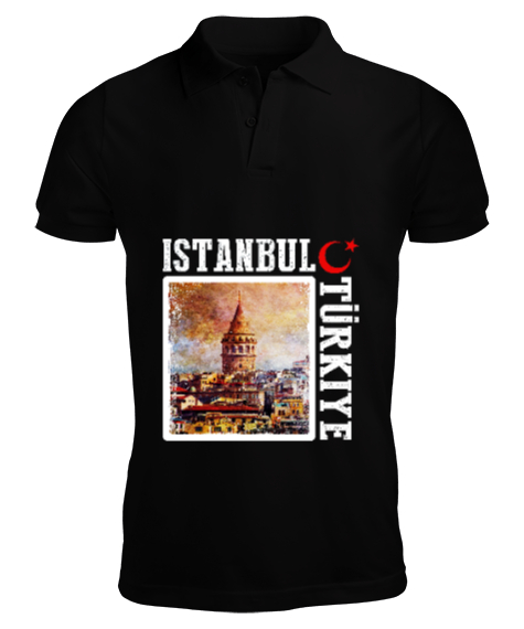 istanbul, istanbul şehir,Türkiye,Türkiye bayrağı. Siyah Erkek Kısa Kol Polo Yaka