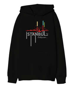 İstanbul - İstanbulu Dinliyorum Siyah Oversize Unisex Kapüşonlu Sweatshirt