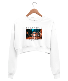 İstanbul - Moda Baskılı Beyaz Kadın Crop Sweatshirt