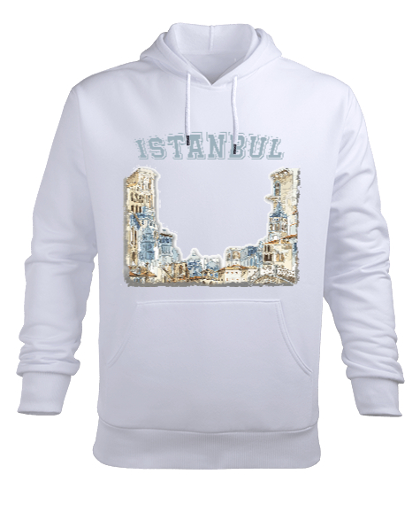 İstanbul Ön Baskılı Tasarım Beyaz Erkek Kapüşonlu Hoodie Sweatshirt