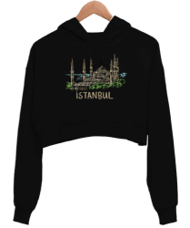 Istanbul Şehir Tasarımı Siyah Kadın Crop Hoodie Kapüşonlu Sweatshirt