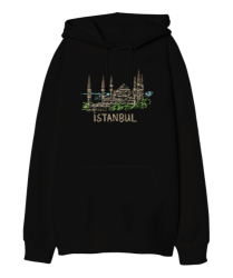 Istanbul Şehir Tasarımı Siyah Oversize Unisex Kapüşonlu Sweatshirt